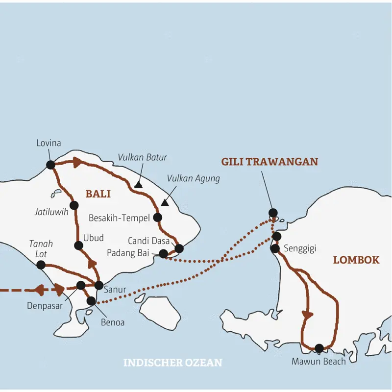 Ihre Rundreise in der Mini-Gruppe führt Sie auf Bali nach Sanur, Ubud, Lovina und Candi Dasa, weiter nach Senggigi auf Lombok und zum Abschluss nach Gili Trawangan.