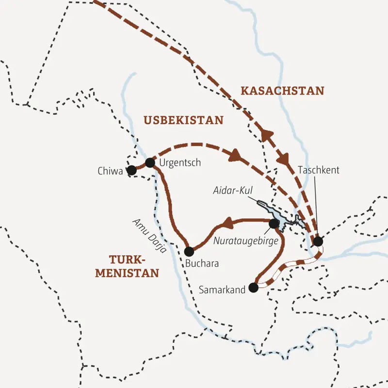 Entdecken Sie die Höhepunkte von Usbekistan in der kleinen Gruppe mit 6 bis 12 Teilnehmern. Stationen dieser Rundreise: Taschkent, Samarkand, Nurataugebirge, Buchara und Chiwa.