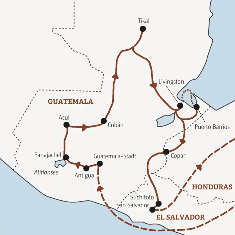 Diese Rundreise in der Mini-Gruppe durch Guatemala und El Salvador führt Sie von Guatemala-Stadt über den Atitlánsee und Cobán nach Tikal und weiter über Livingston und Copán nach Suchitoto.