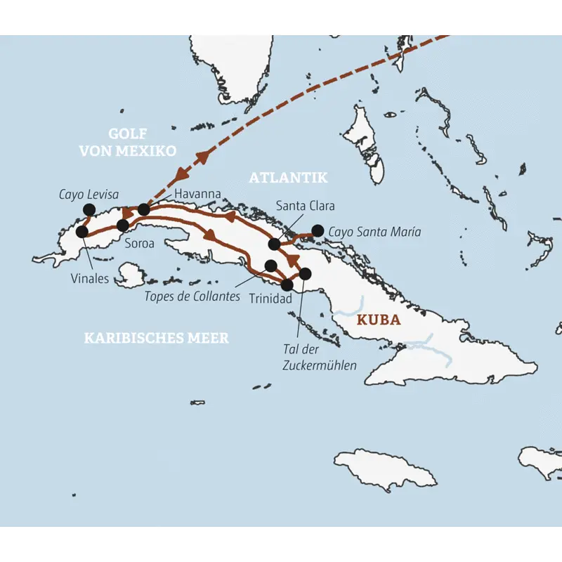Ihre Rundreise durch Kuba in der Mini-Gruppe führt Sie von Havanna nach Vinales und dann weiter nach Trinidad, Santa Clara und Cayo Santa Maria.
