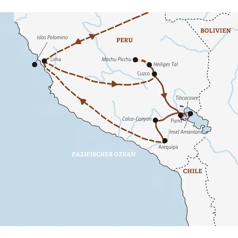 Ihre Rundreise durch Peru in der Mini-Gruppe führt Sie von Lima über Machu Picchu, Cuzco, den Titicacasee und den Colca-Canyon nach Arequipa.