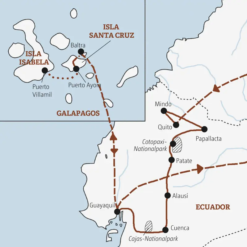 Ihre Rundreise in der Mini-Gruppe führt Sie von Quito über Papallacta, Patate, Alausí und Cuenca nach Guayaquil und weiter auf die Galápagos-Inseln Santa Cruz und Isabela.