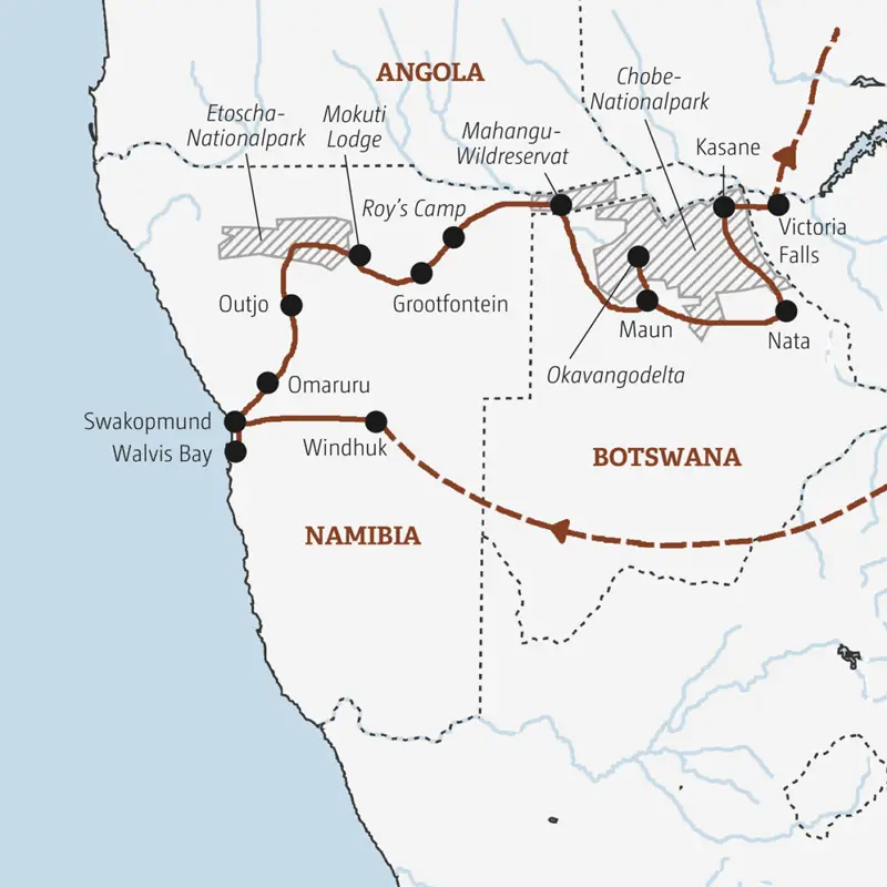 Überlandtour vom Atlantik zu den Viktoriafällen, quer durch Namibia und Botswana. Ein Safari-Erlebnis der besonderen Art in kleiner Gruppe