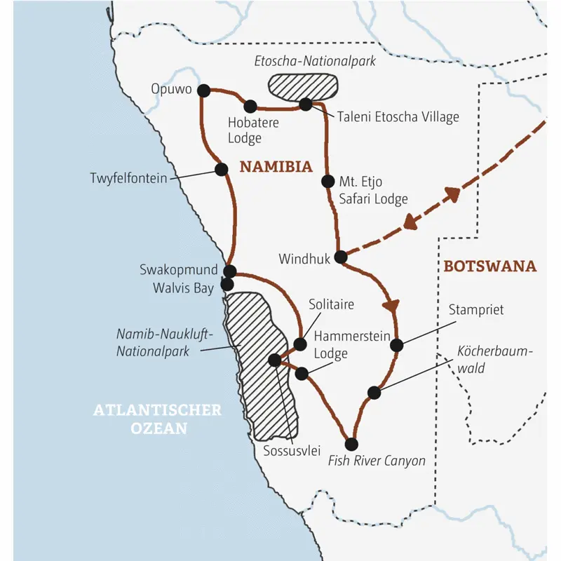 Diese Rundreise durch Namibia in der Mini-Gruppe führt Sie von Windhuk zum Fish River Canyon und weiter über das Sossusvlei, Swakopmund und Twyfelfontein in den Etoscha-Nationalpark.