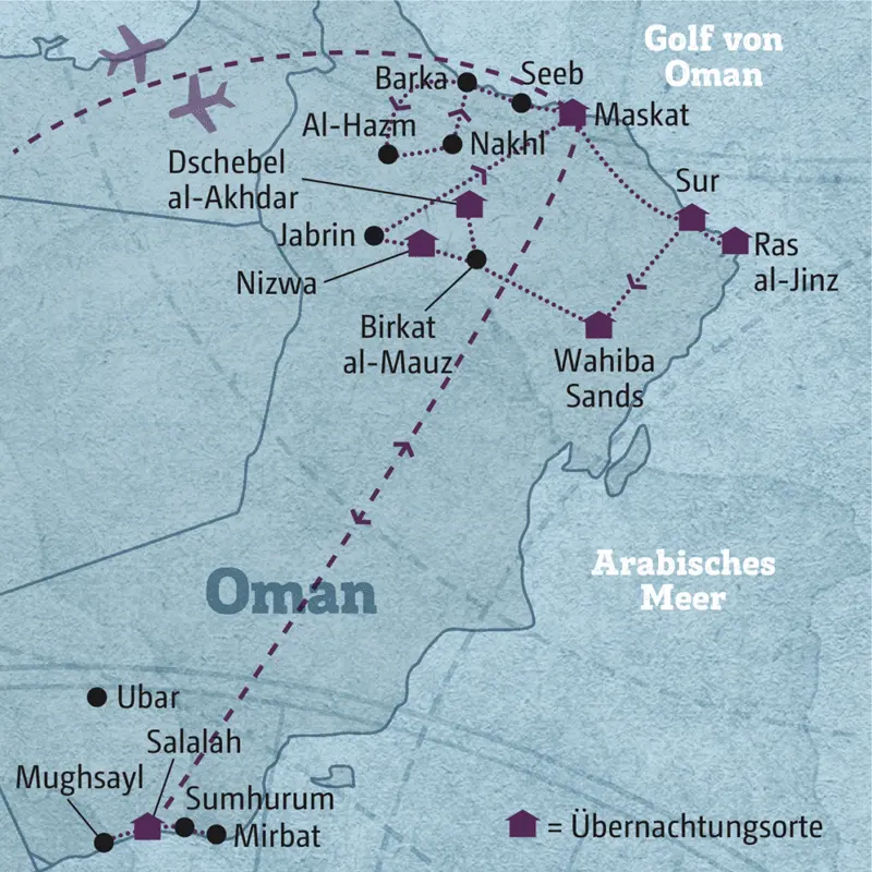 Ihre individuelle Rundreise durch den Oman führt Sie von Maskat nach Sur und weiter über Wahiba Sands und den Dschebel al-Akhdar nach Nizwa.
