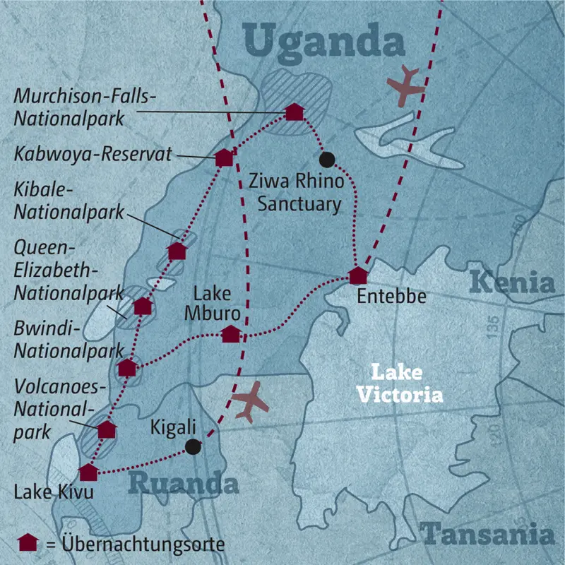 Ihre individuelle Rundreise führt Sie von Entebbe in die Nationalparks Murchinson Falls, Kibale, Queen Elizabeth und Bwindi in Uganda und bei Verlängerung weiter in den Volcanoes Nationalpark und zum Lake Kivu in Ruanda.