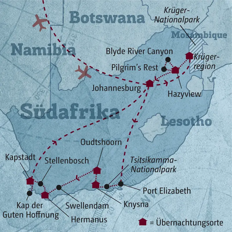Ihre individuelle Rundreise durch Südafrika führt Sie von Johannesburg erst in den Krüger-Nationalpark und dann weiter über Knysna, Oudtshoorn und Hermanus nach Kapstadt.