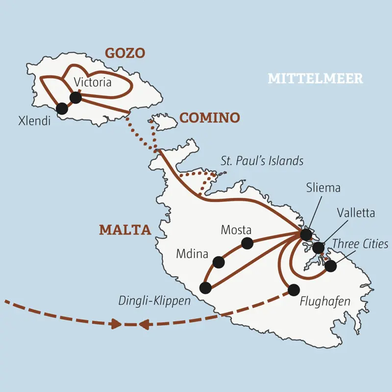 Auf deiner Rundreise mit YOUNG LINE erkundest du erst von Victoria aus Gozo und Comino und anschließend von Sliema aus Malta.